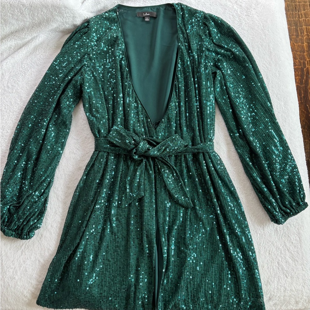 Lulus Emerald Green Sequin Long Sleeve Wrap Dress